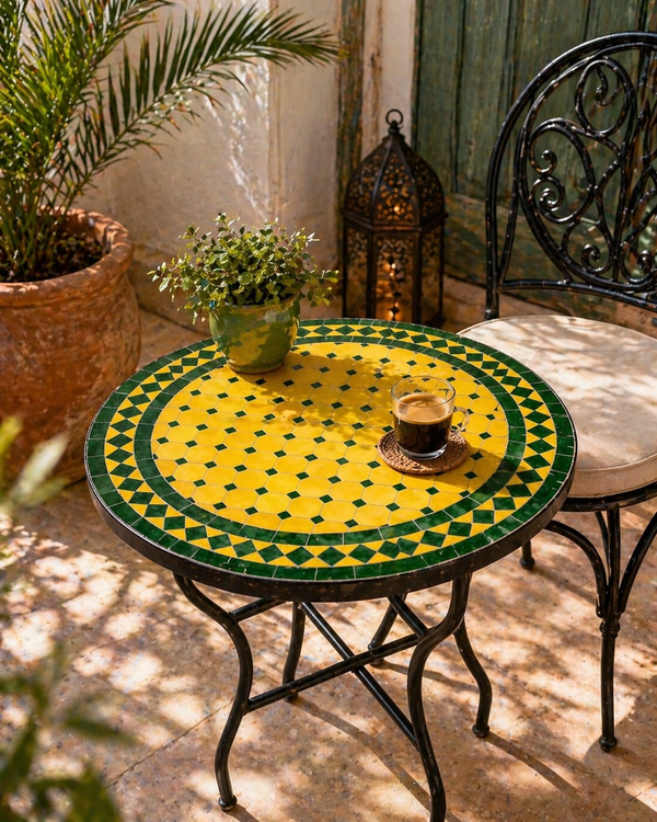 Marrakesh Sun Zellige Bistro Table – Handmade Moroccan Mosaic Side Table for Indoor & Outdoor