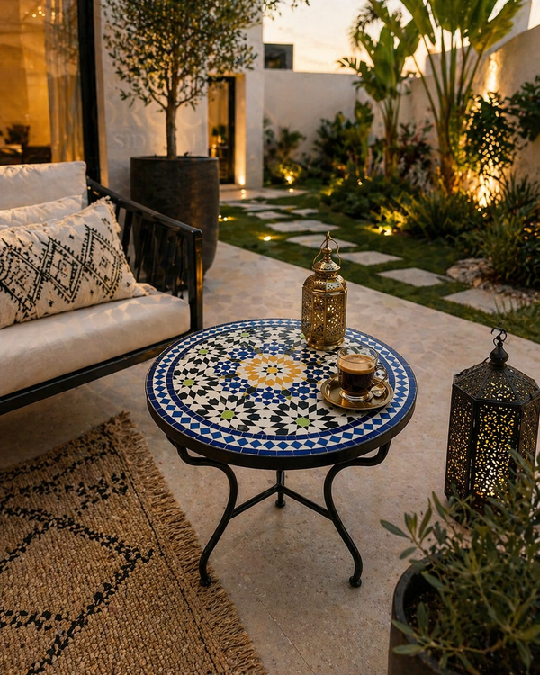 Marrakesh Sun Zellige Bistro Table – Handmade Moroccan Mosaic Side Table for Indoor & Outdoor