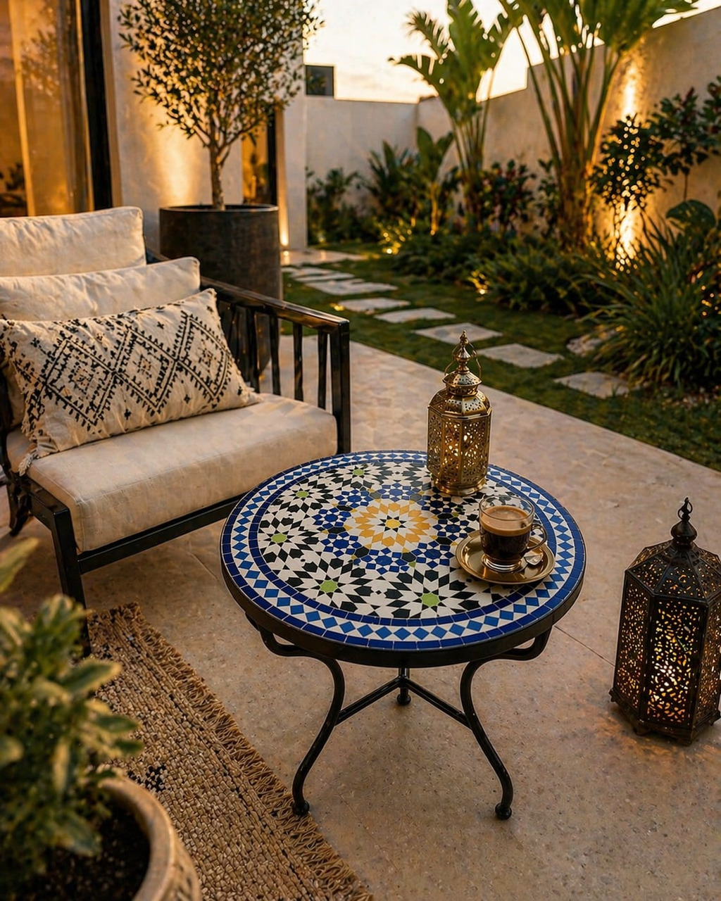 Marrakesh Sun Zellige Bistro Table – Handmade Moroccan Mosaic Side Table for Indoor & Outdoor