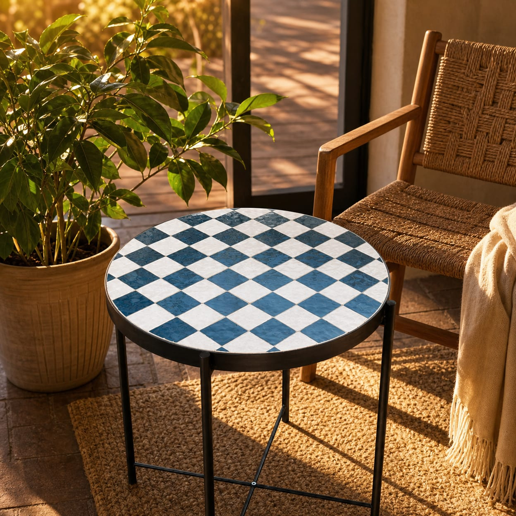 Chefchaouen Checkered Zellige Bistro Table – Handmade Moroccan Mosaic Side Table for Indoor & Outdoor
