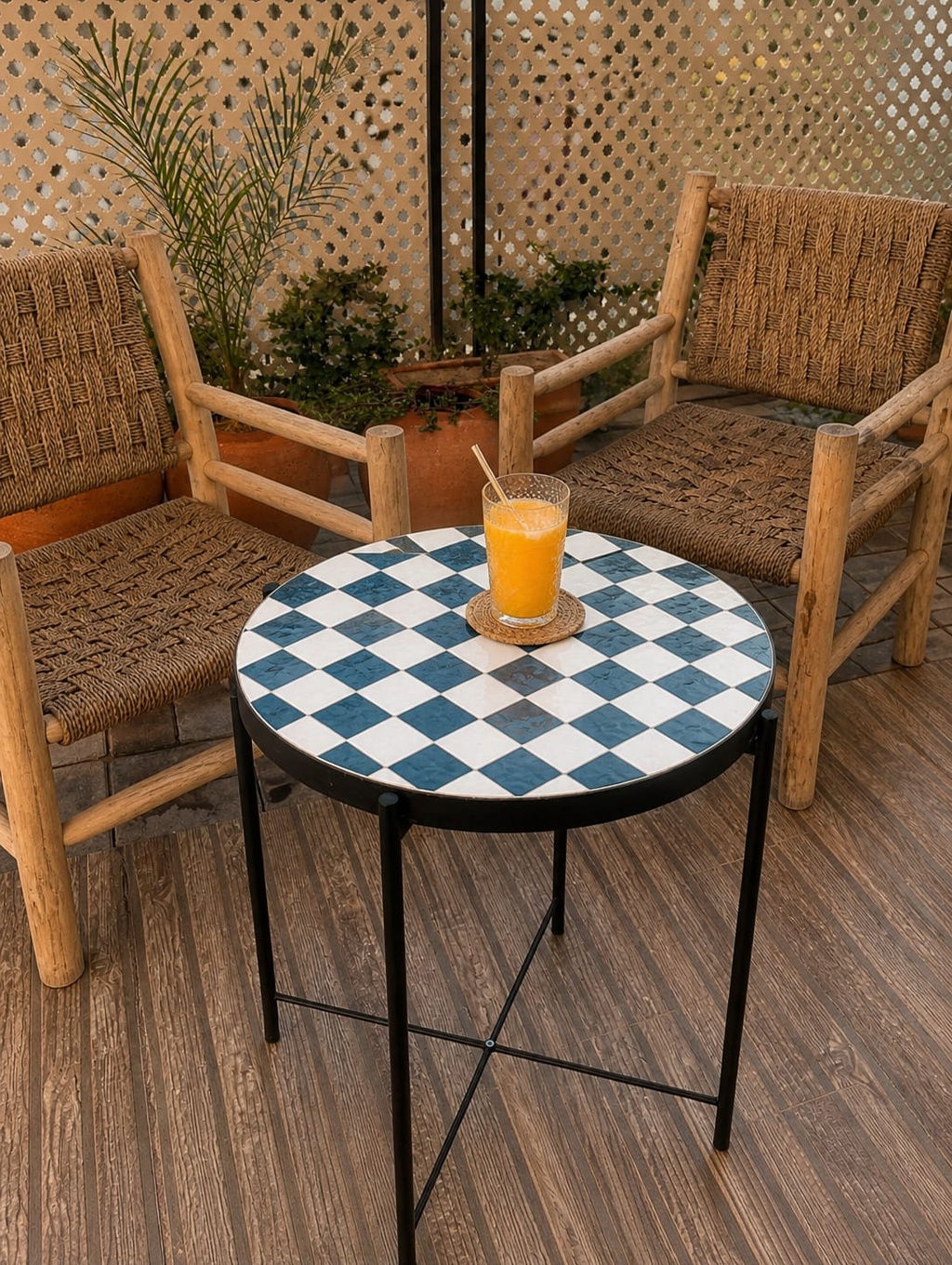 Chefchaouen Checkered Zellige Bistro Table – Handmade Moroccan Mosaic Side Table for Indoor & Outdoor