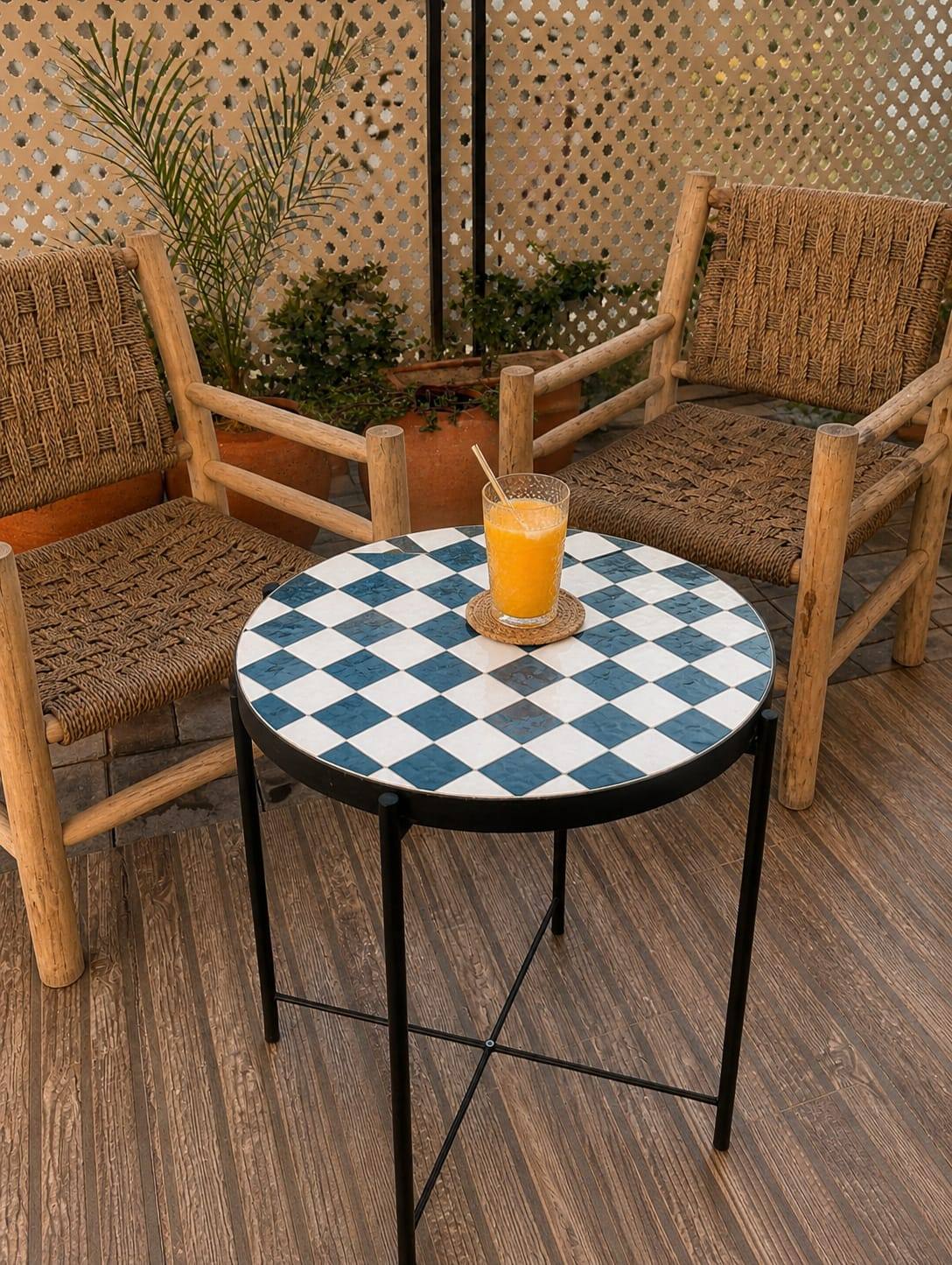 Chefchaouen Checkered Zellige Bistro Table – Handmade Moroccan Mosaic Side Table for Indoor & Outdoor