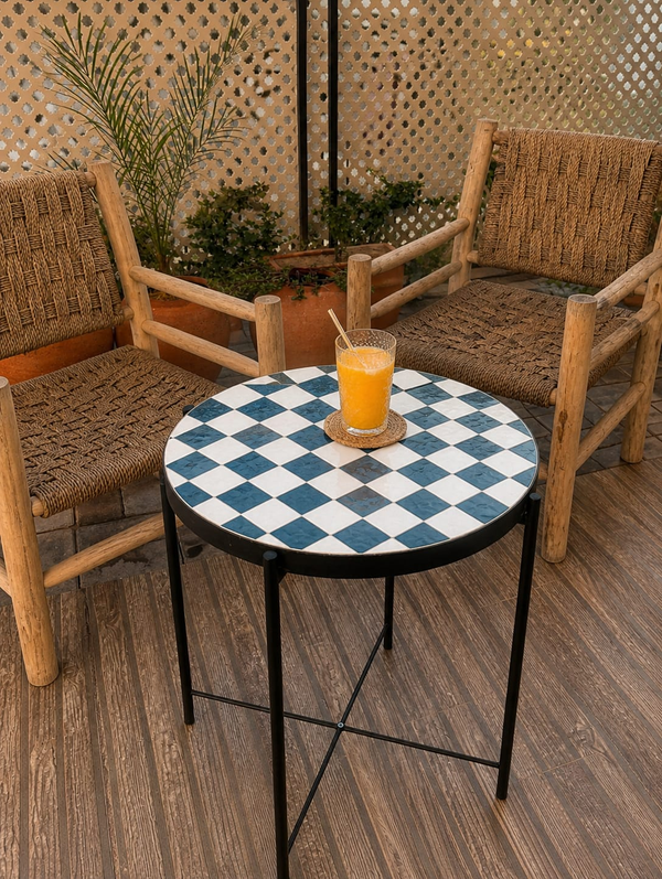Chefchaouen Checkered Zellige Bistro Table – Handmade Moroccan Mosaic Side Table for Indoor & Outdoor