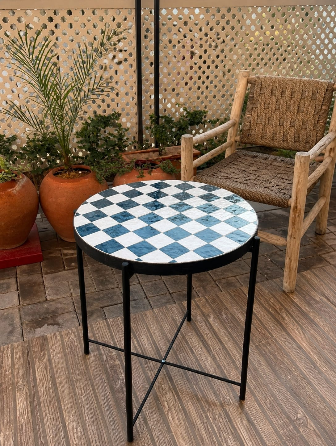 Chefchaouen Checkered Zellige Bistro Table – Handmade Moroccan Mosaic Side Table for Indoor & Outdoor