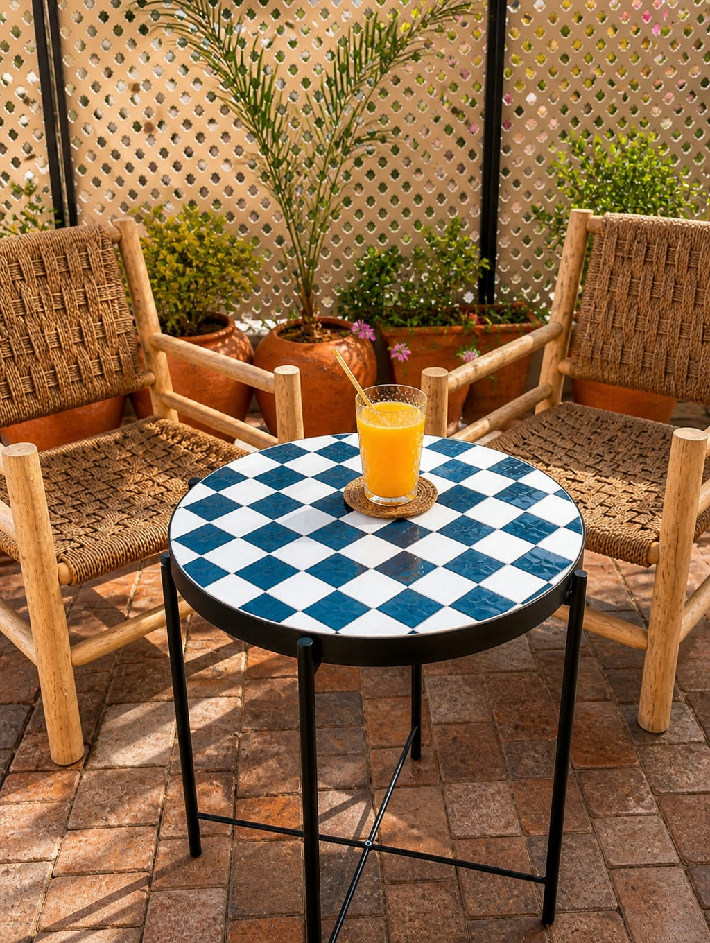 Chefchaouen Checkered Zellige Bistro Table – Handmade Moroccan Mosaic Side Table for Indoor & Outdoor