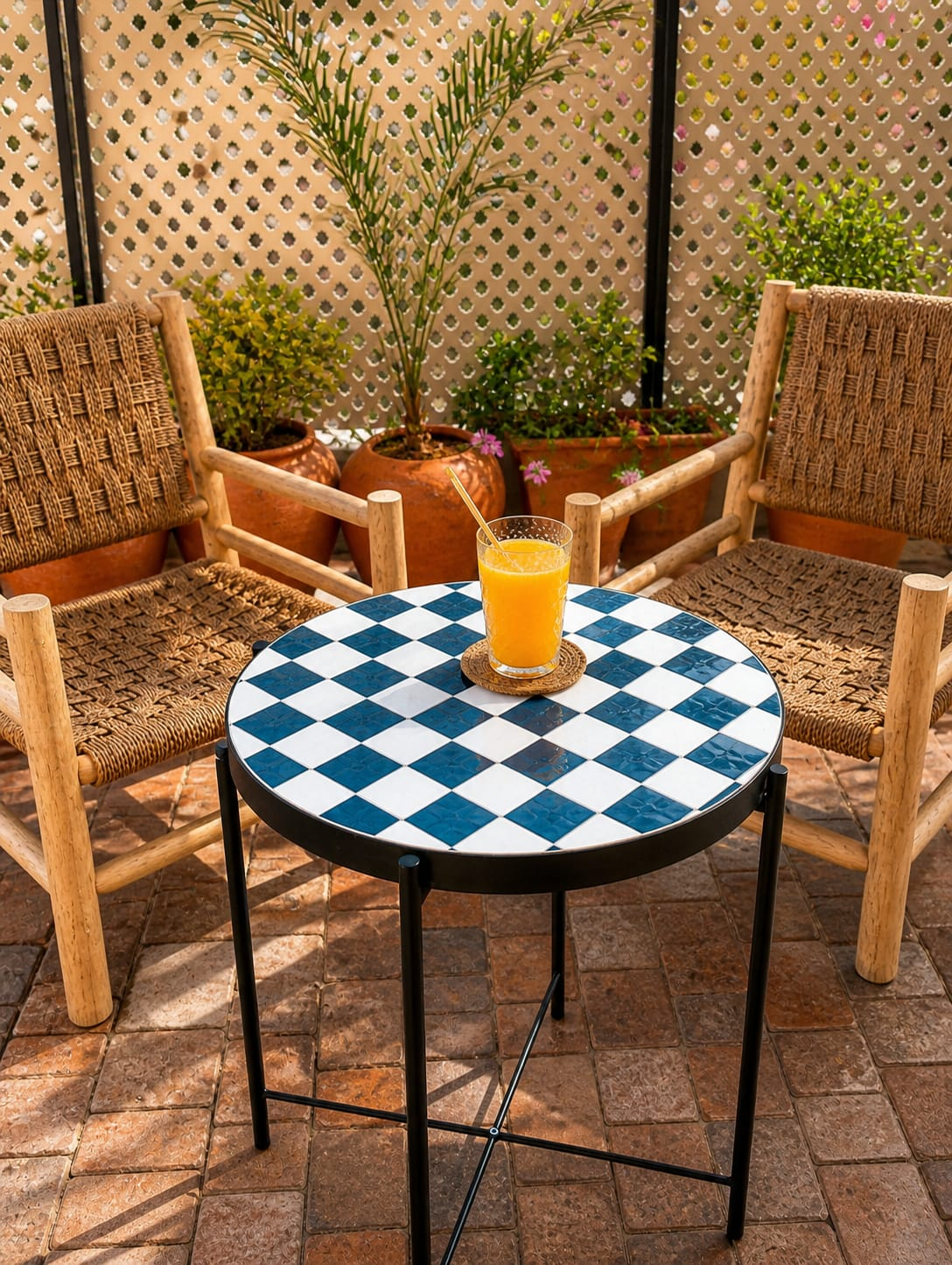 Chefchaouen Checkered Zellige Bistro Table – Handmade Moroccan Mosaic Side Table for Indoor & Outdoor