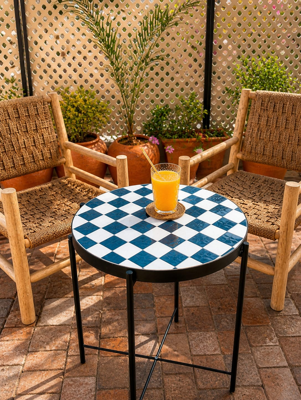 Chefchaouen Checkered Zellige Bistro Table – Handmade Moroccan Mosaic Side Table for Indoor & Outdoor