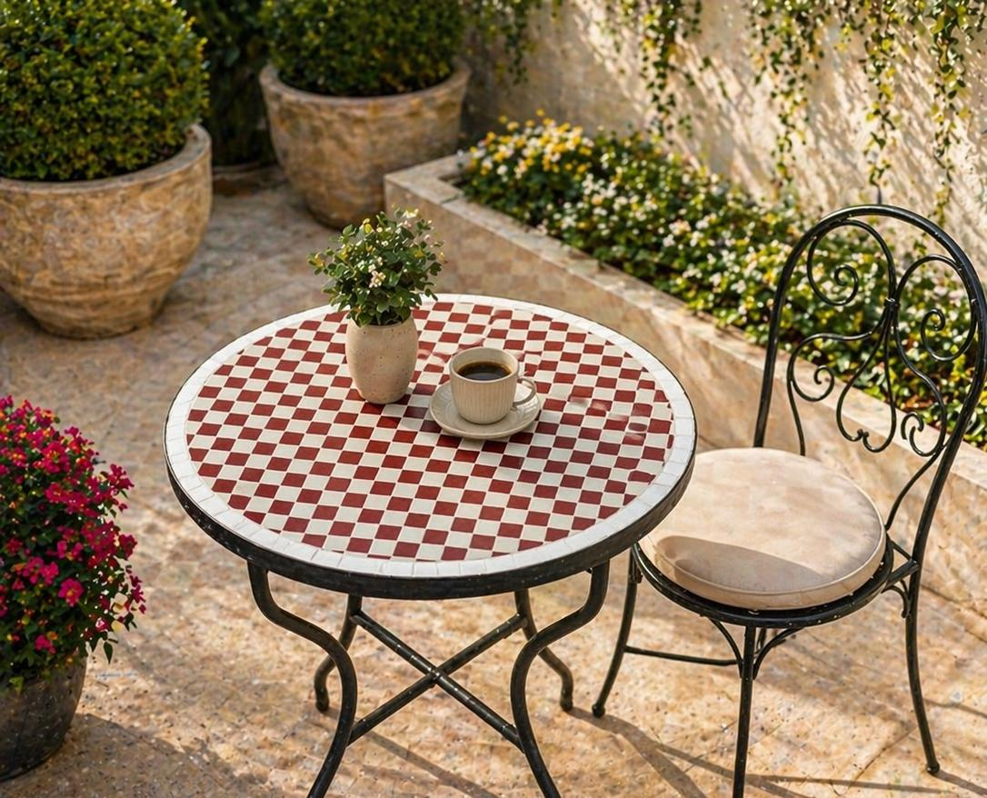Atlas Terracotta Checkered Zellige Bistro Table – Handmade Moroccan Mosaic Patio & Accent Table