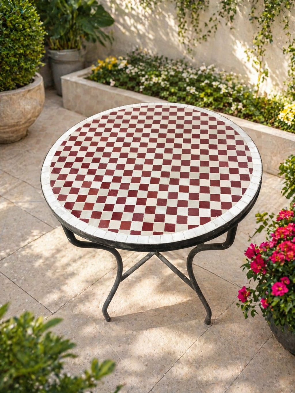 Atlas Terracotta Checkered Zellige Bistro Table – Handmade Moroccan Mosaic Patio & Accent Table