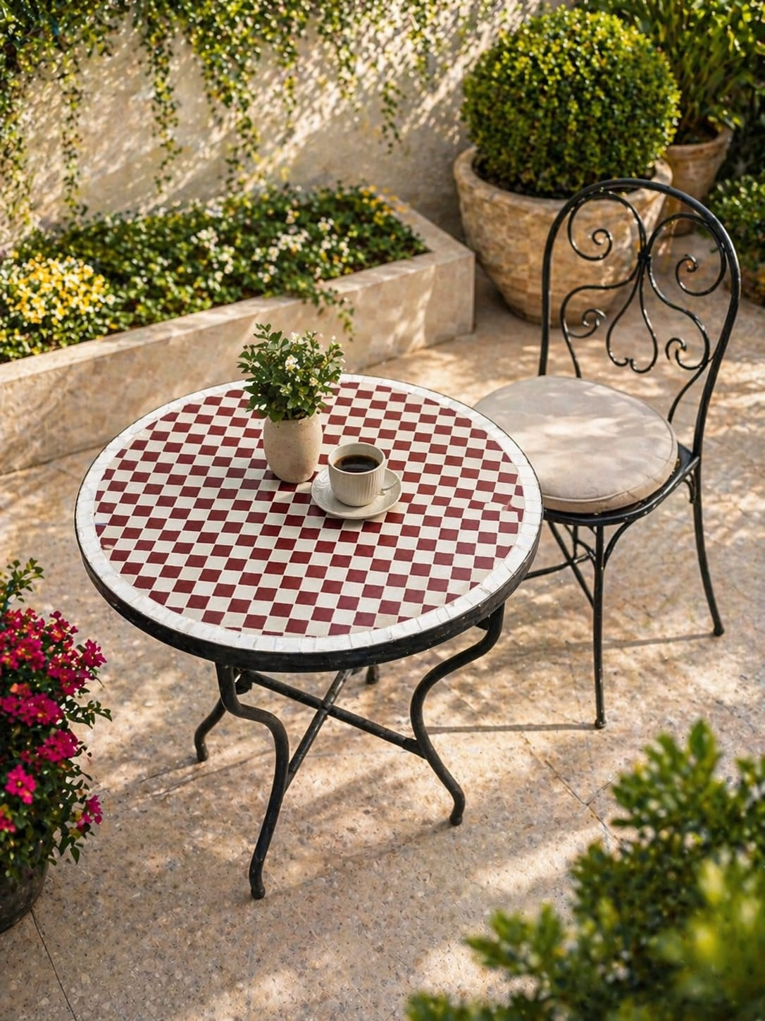 Atlas Terracotta Checkered Zellige Bistro Table – Handmade Moroccan Mosaic Patio & Accent Table