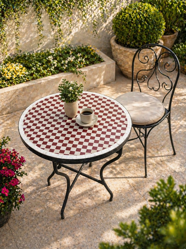 Atlas Terracotta Checkered Zellige Bistro Table – Handmade Moroccan Mosaic Patio & Accent Table