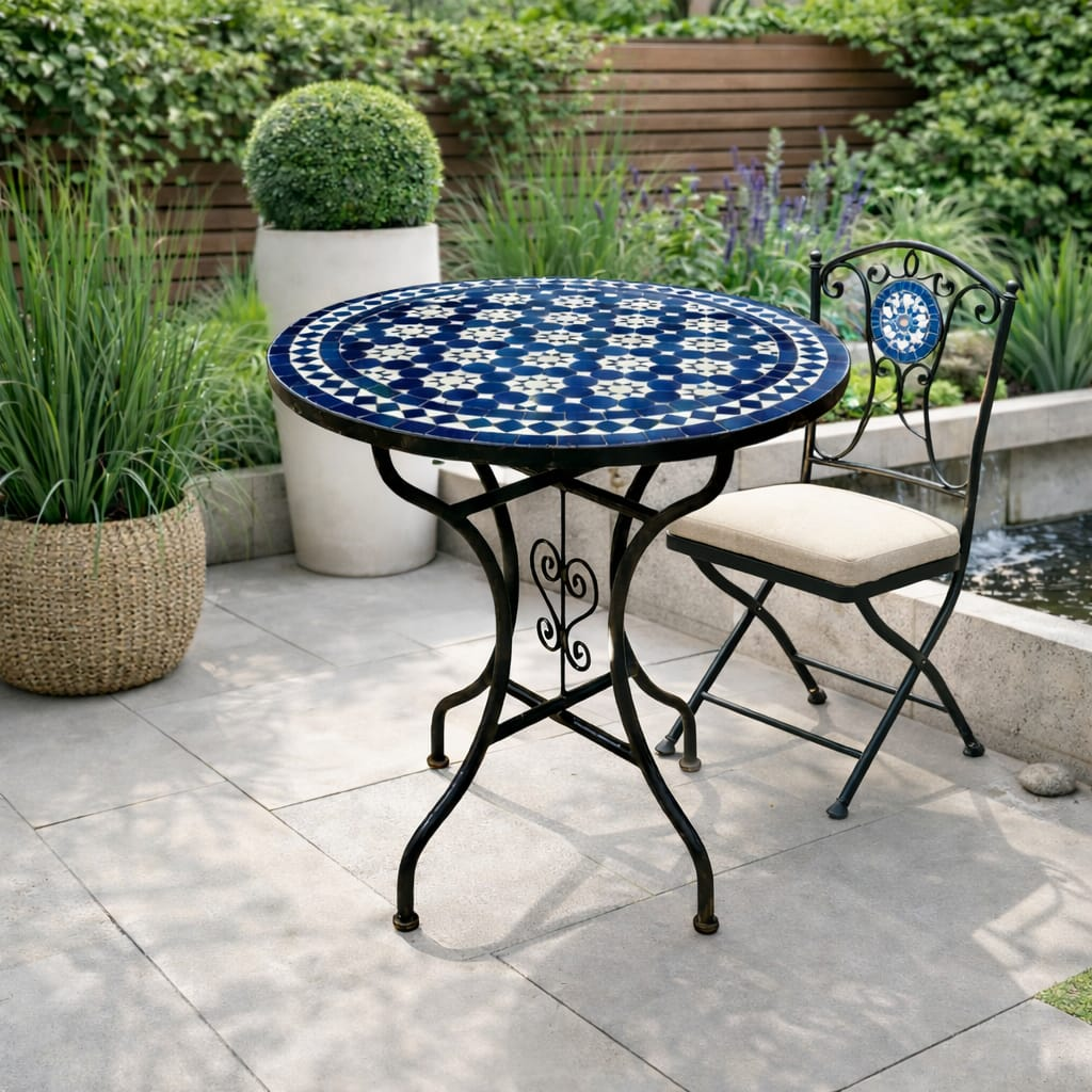 Fez Starry Night Zellige Bistro Table – Handmade Moroccan Mosaic Geometric Side Table for Patio & Indoor